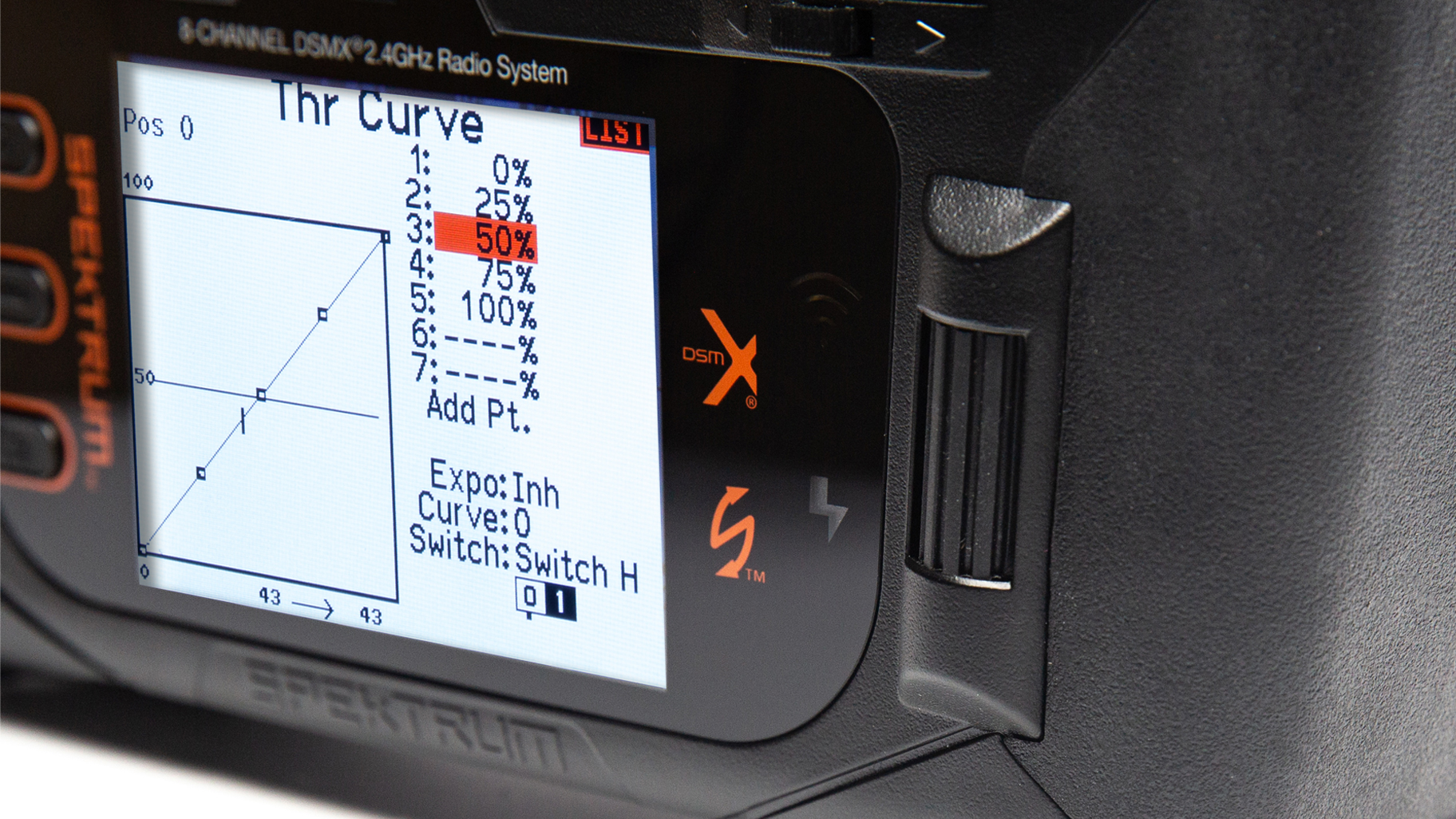 Image of the NX8 Transmitter's roller selector and light backlit screen
