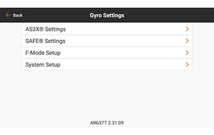 Screenshot of the display of AS3X+ forward programming menu offers wireless configuration from any Spektrum transmitte