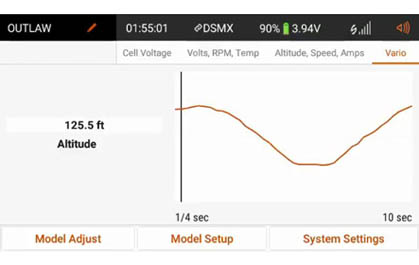 Screenshot of diagram of altitude and vario telemetry data is provided via the integrated barometer